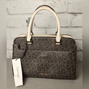 NWT Calvin Klein Paulina Monogram Satchel Handbag Brown/Beige